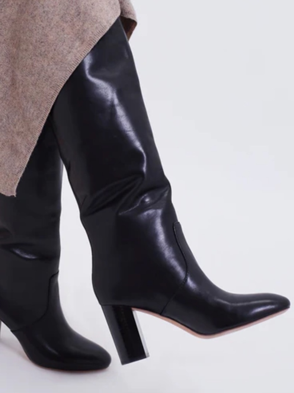 Loeffler Randall Goldy Tall Leather Boots Size 9.5 Pull On Black Almond Toe